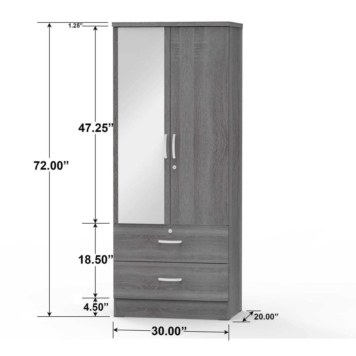 Better Home Products Grace Armoire Wardrobe With Mirror & Drawers In Gray