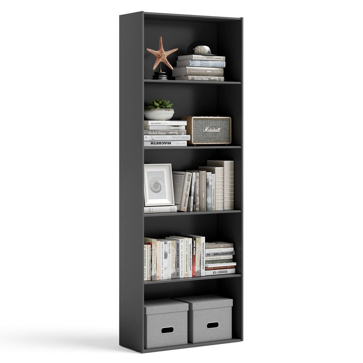 Tangkula 5-Shelf Bookcase, 23.5''L X 9.5''W X 67''H, Multi-Functional Wood Storage Display Open Bookshelf For Home Office (Black)
