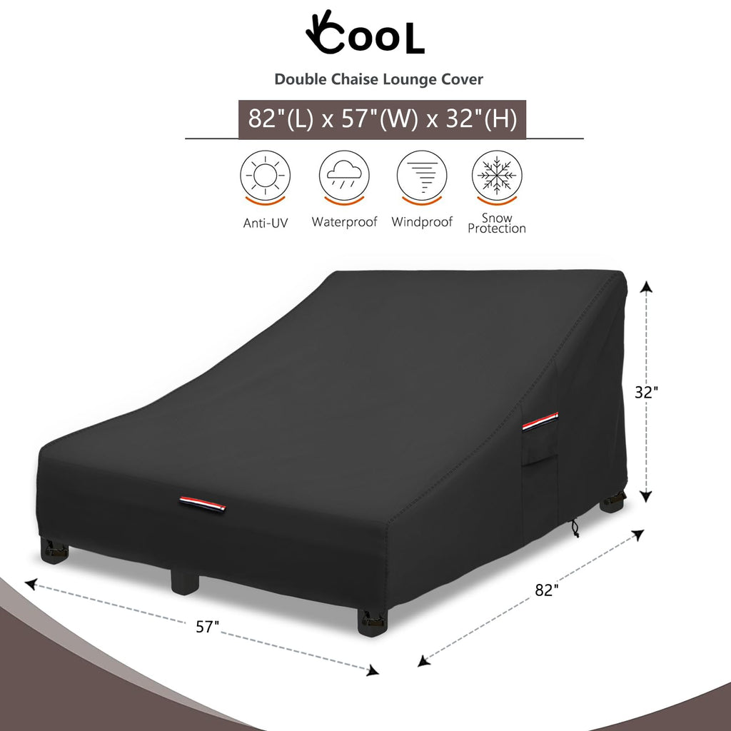 Okcool 100% Waterproof Patio Double Wide Chaise Lounge Chair Cover, 600D Tough Canvas 80 Inch Outdoor Chaise Lounge Covers,Black