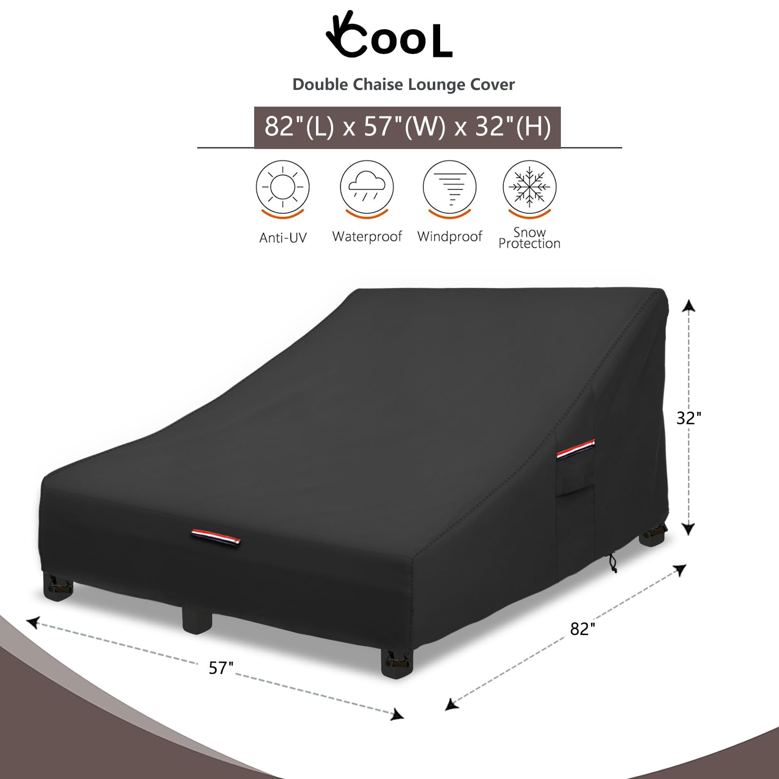 Okcool 100% Waterproof Patio Double Wide Chaise Lounge Chair Cover, 600D Tough Canvas 80 Inch Outdoor Chaise Lounge Covers,Black