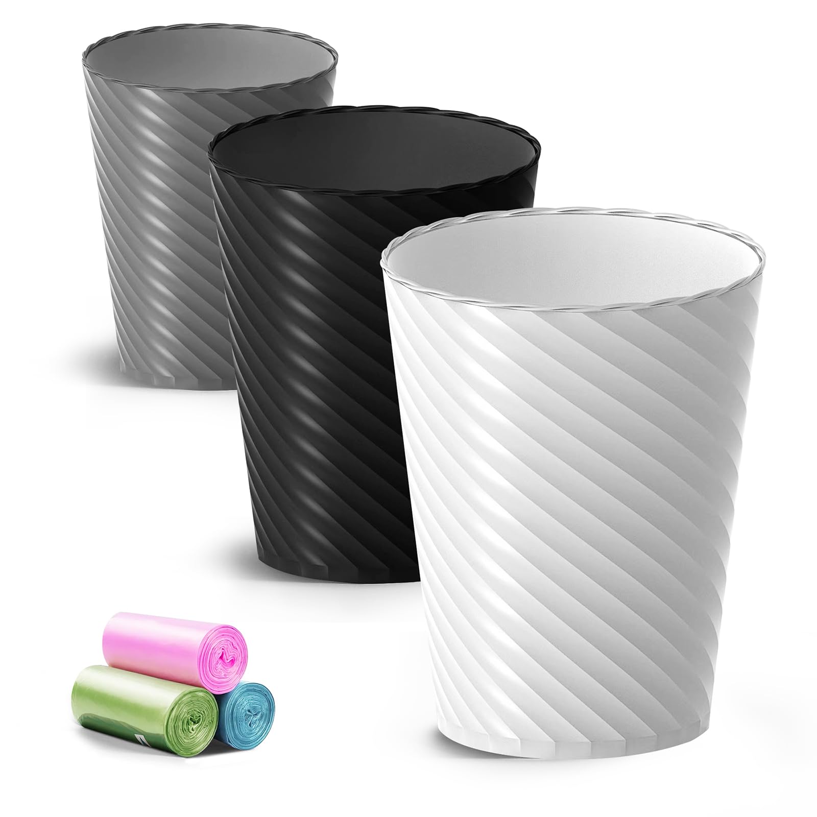 Lysam Bathroom Trash Can, 3 Pack 1.8 Gallons Small Trash Can with Trash Bags, Bathroom Garbage Can, Plastic Trash Bin, Round Was