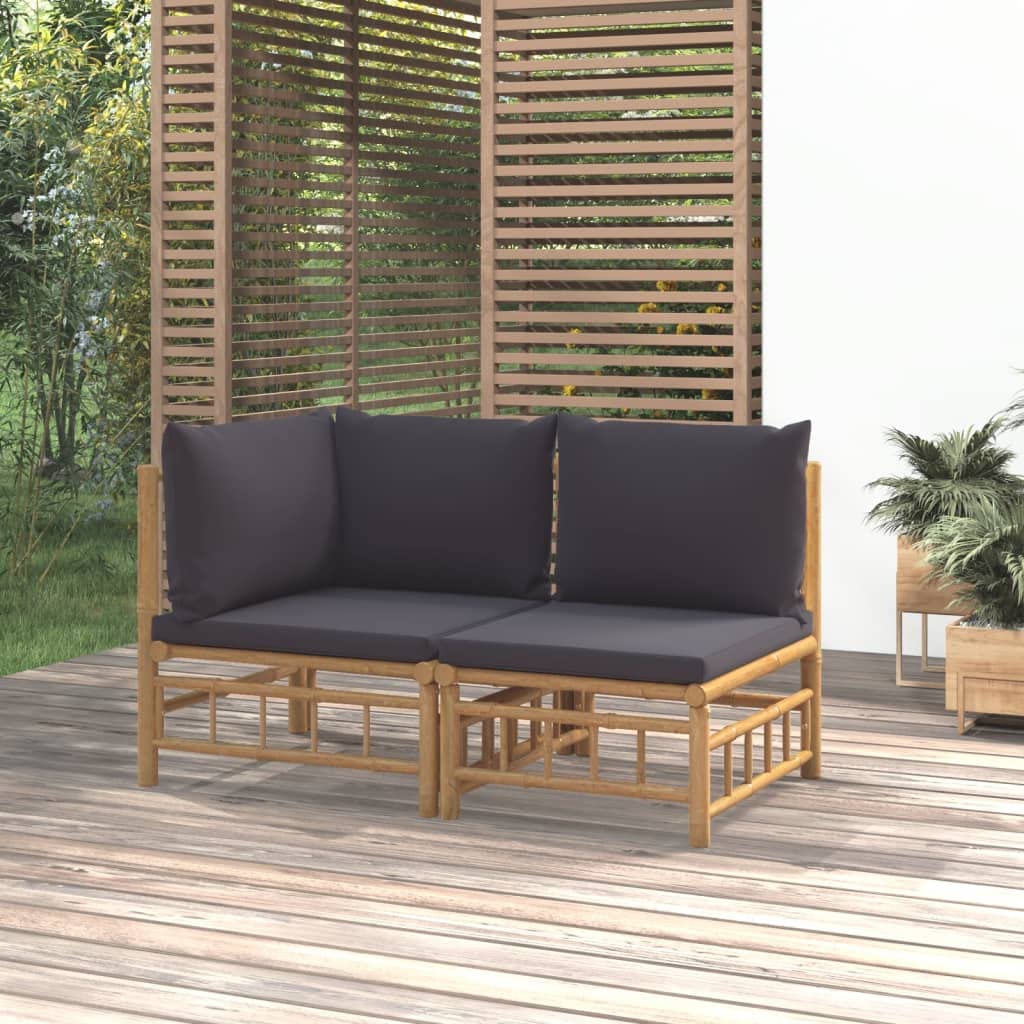 vidaXL 2 Piece Patio Lounge Set - Durable Bamboo Material, Comfortable Backrest with Dark Gray Cushions, Modular, Easy-to-Assemble, Natural Finish