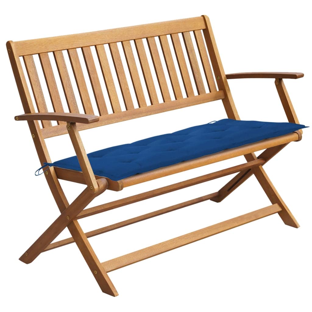 Vidaxl Solid Acacia Wood Folding Patio Bench With Blue Cushion - Outdoor/Indoor Garden, Hallway Chair Seat, Foldable Design