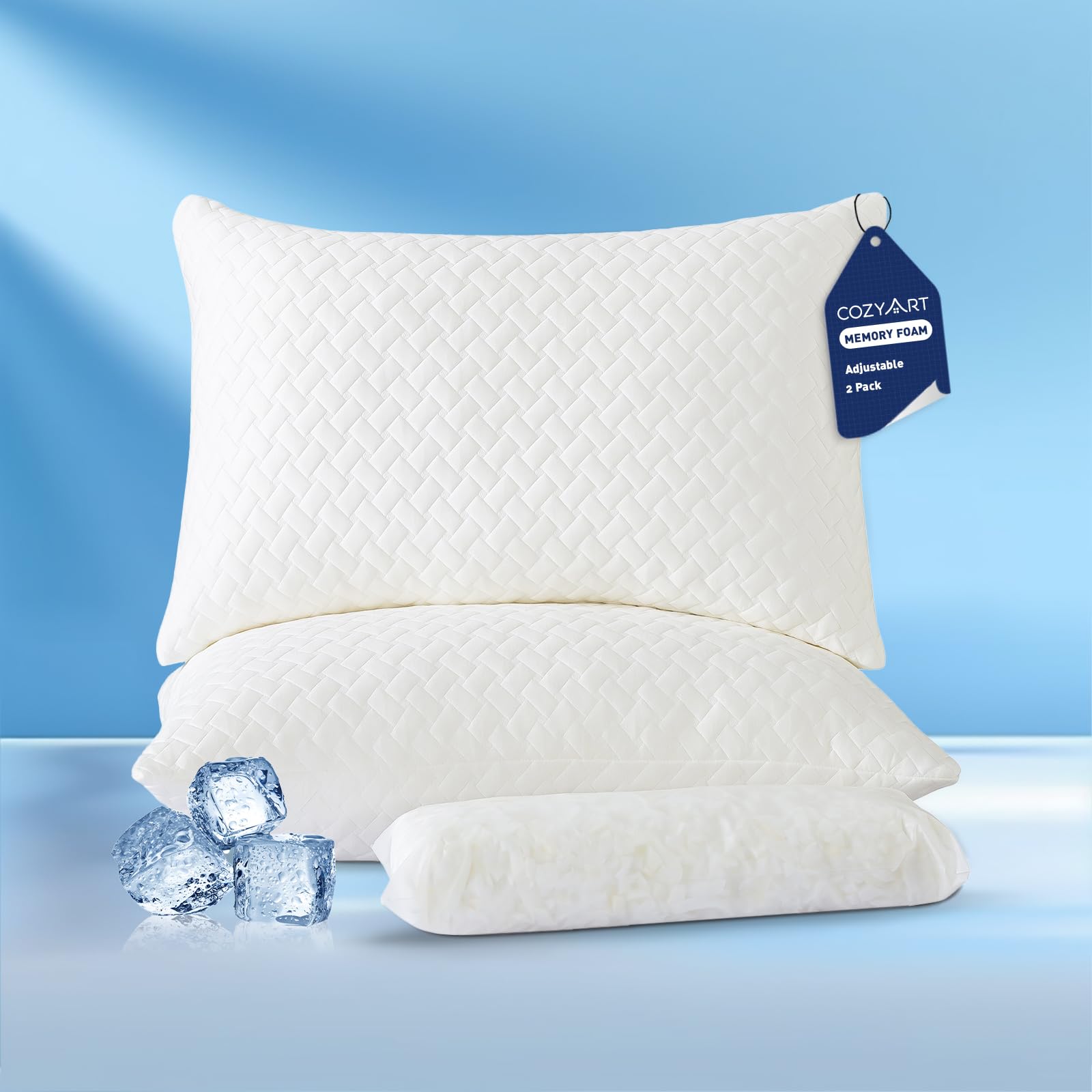 Cozyart Shredded Memory Foam Pillows King Size 1 Pack, Cooling Breathable Pillowcase, Adjustable Firm Bed Pillows For Side Back