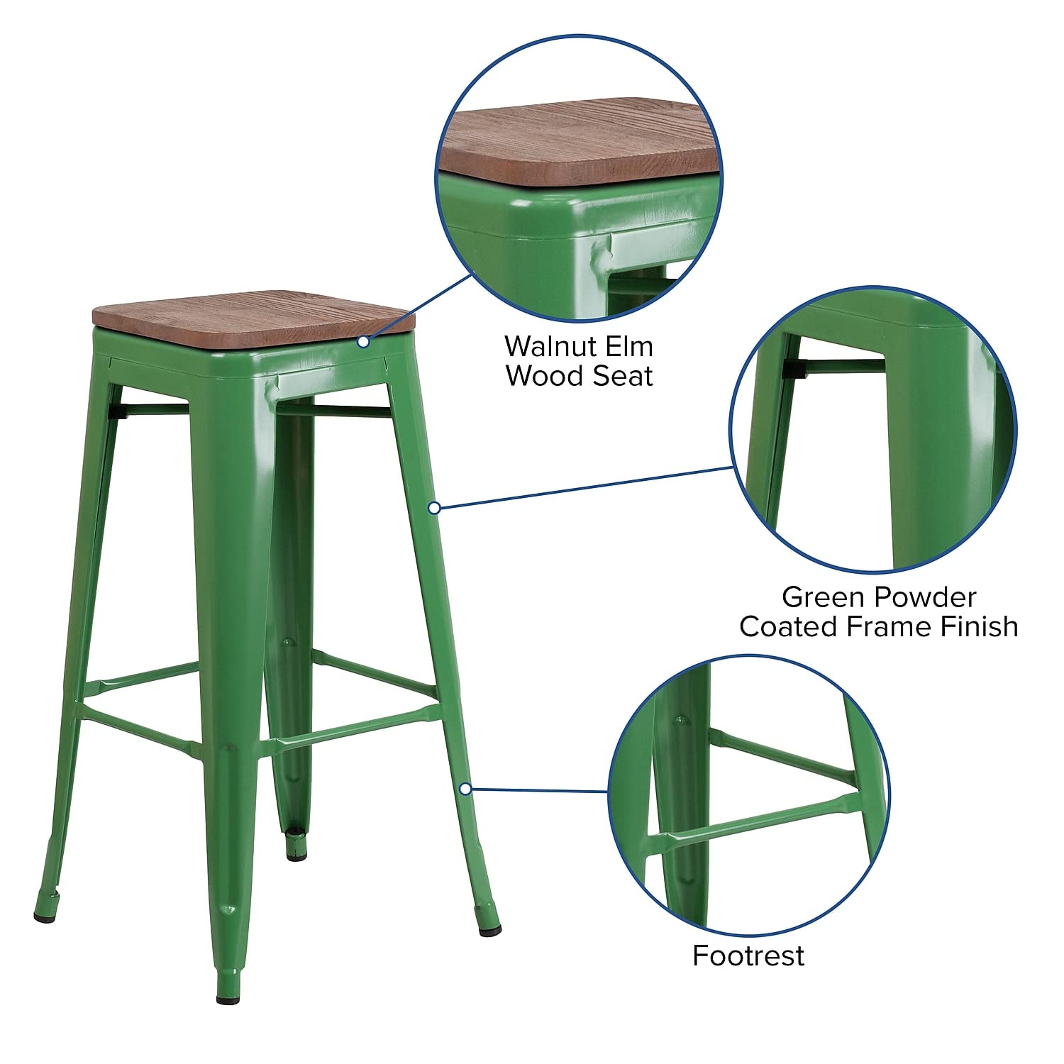 Flash Furniture Lily 30" High Backless Green Metal Barstool with Square Wood Seat