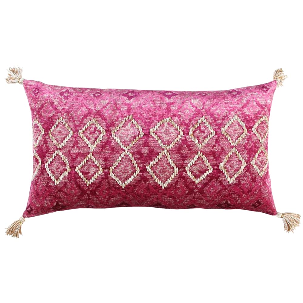 Rizzy Home Diamond 14" x 26" Down Pillow with Cotton Viscose Velvet Cover-Pink
