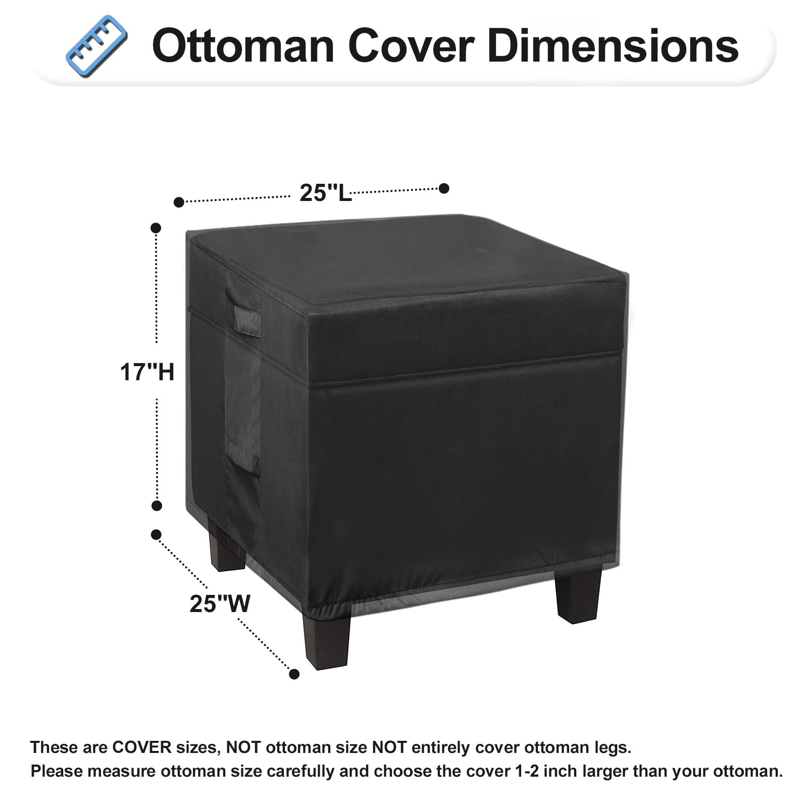 Outdoorlines Outdoor Waterproof Patio Ottoman Covers - Square Uv-Proof Patio Side Table Cover Windproof Heavy-Duty Furniture Covering Protector 25L X 25W X 17H Inch, Black