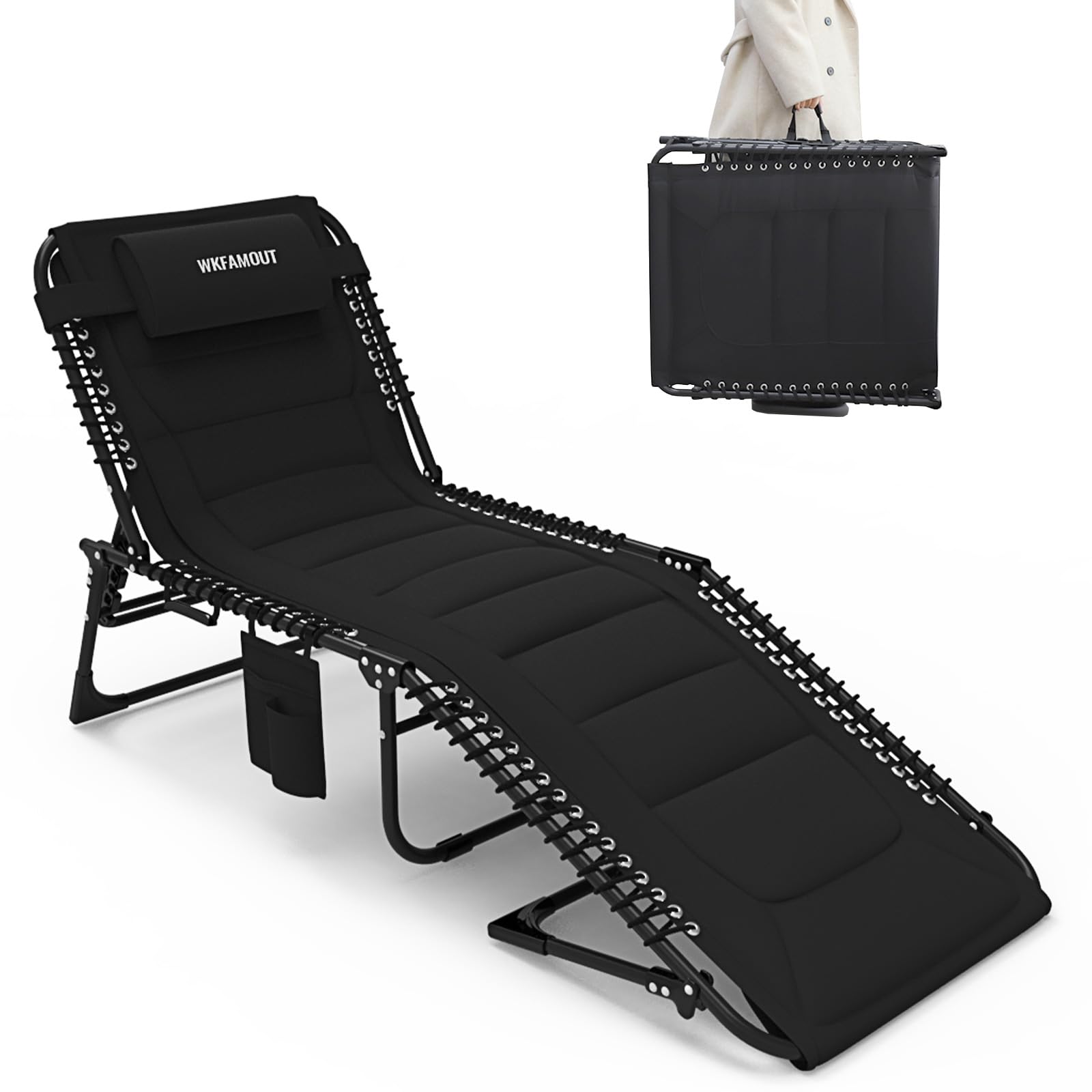 Wkfamout Oversized Padded Outdoor Folding Lounge Chair For Adults 440Ibs Patio Chaise Lounge Chair For Outside 5-Position Adjust
