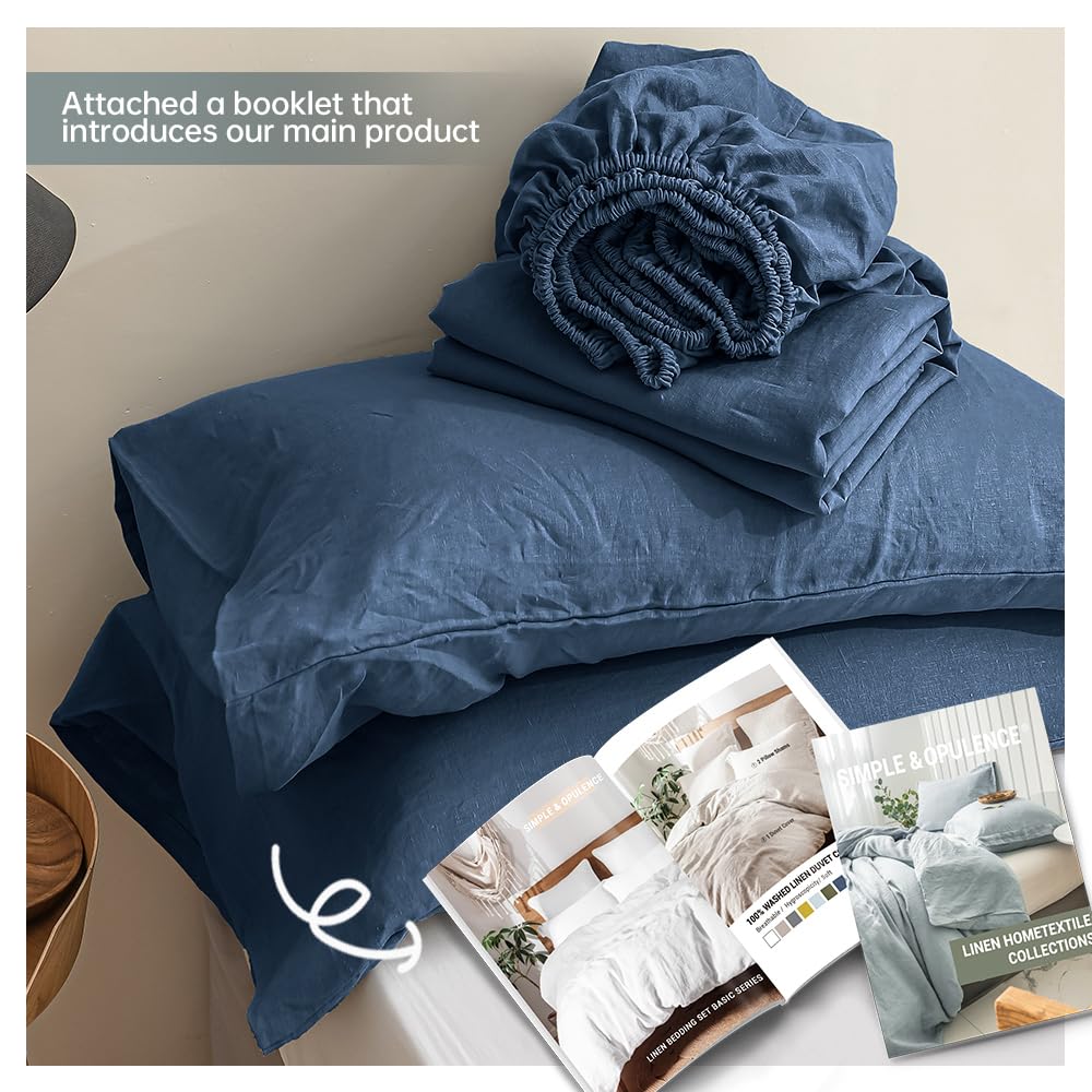 Simple&Opulence 100% Linen Sheet Set Solid Color-4 Pcs Washed French Linen Bed Sheets(1 Flat Sheet,1 Fitted Sheet,2 Pillowcases)