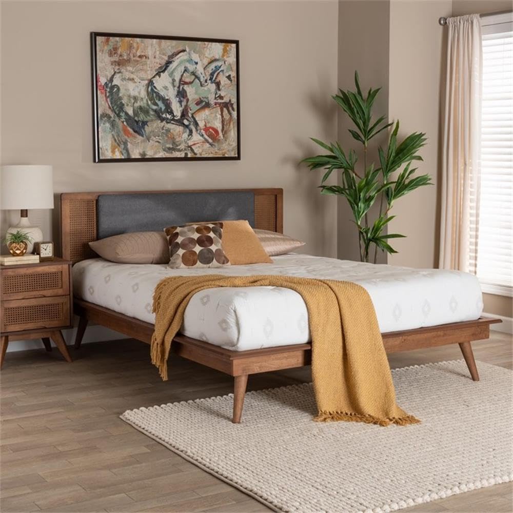 Baxton Studio Delfina Mid-Century Modern Dark Grey Fabric and Walnut Brown Finished Wood King Size Platform Bed