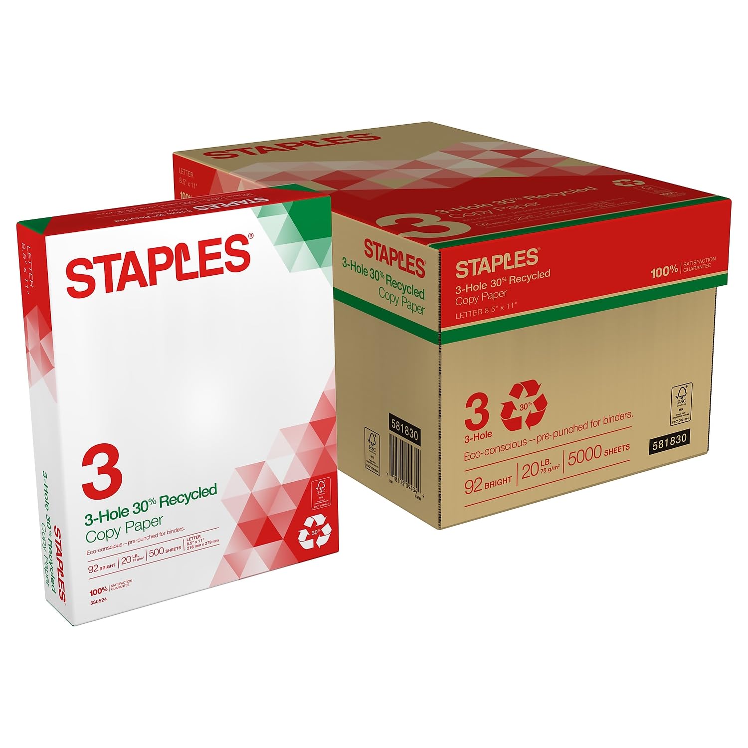 Staples 581830 Recycled 8.5 X 11-Inch, 3-Hole Punched Copy Paper 20 Lb 92B 500/Rm 10 Rm/Ct