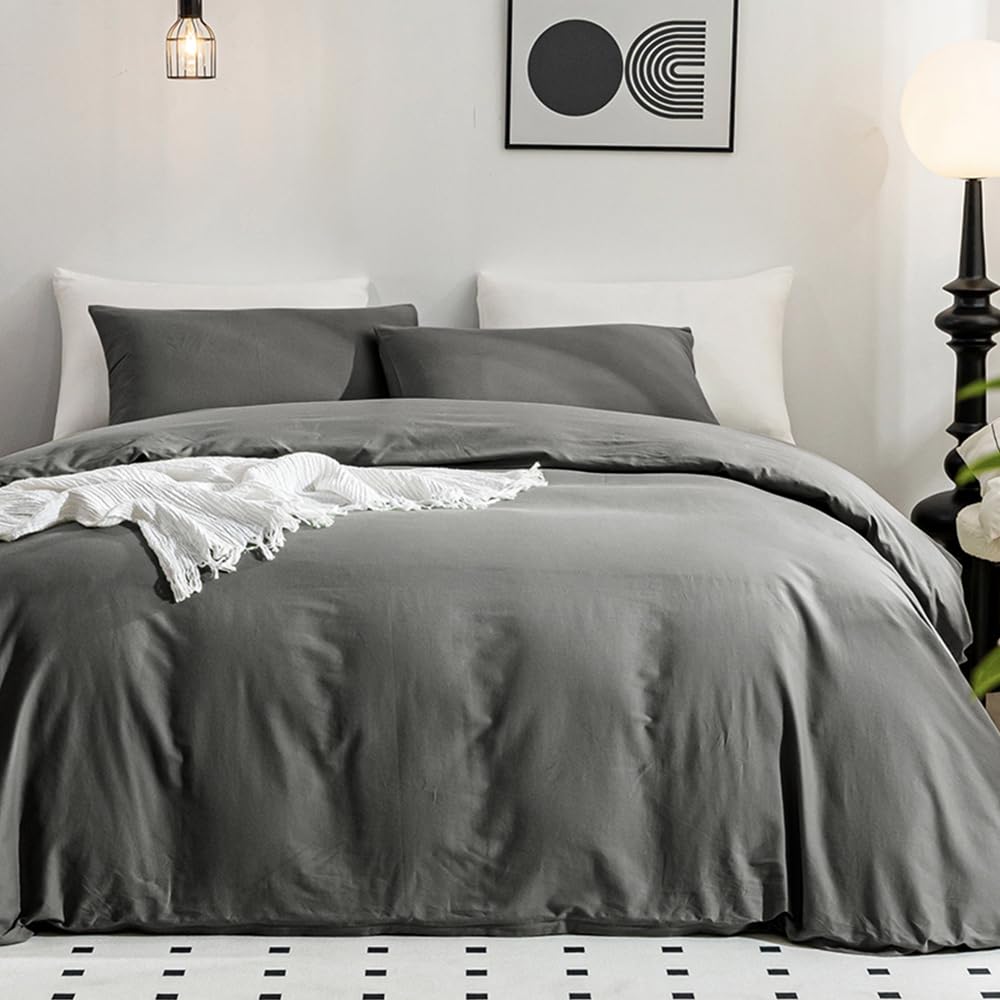 Jellymoni Gray Duvet Cover Full Size - 100% Washed Cotton Linen Like Textured Comforter Cover, 3 Pieces Breathable Soft Bedding