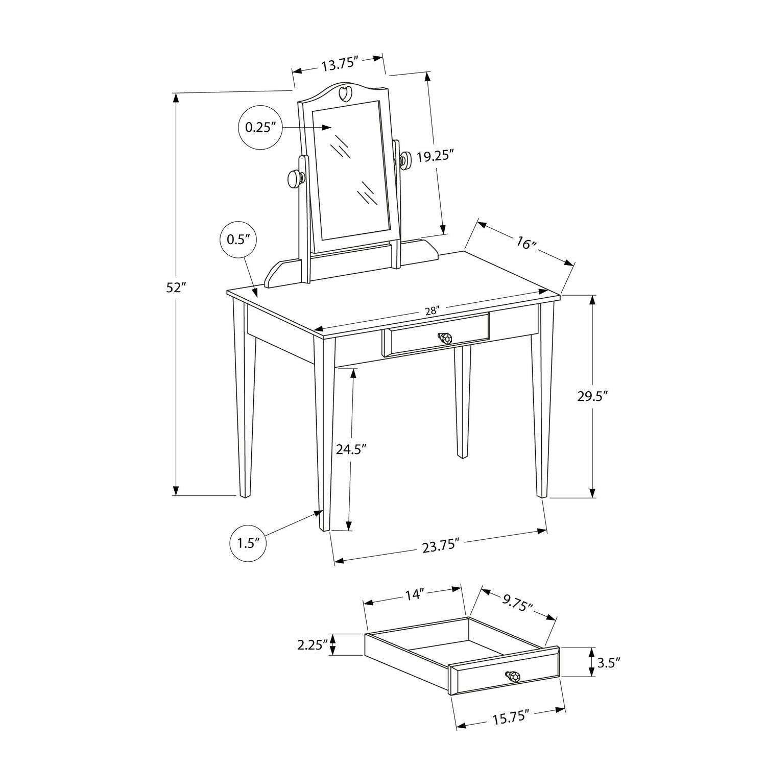 Monarch Specialties Vanity Desk Makeup Organizer Dressing Table with Mirror and Storage Drawer for Girls Vanity - Grey