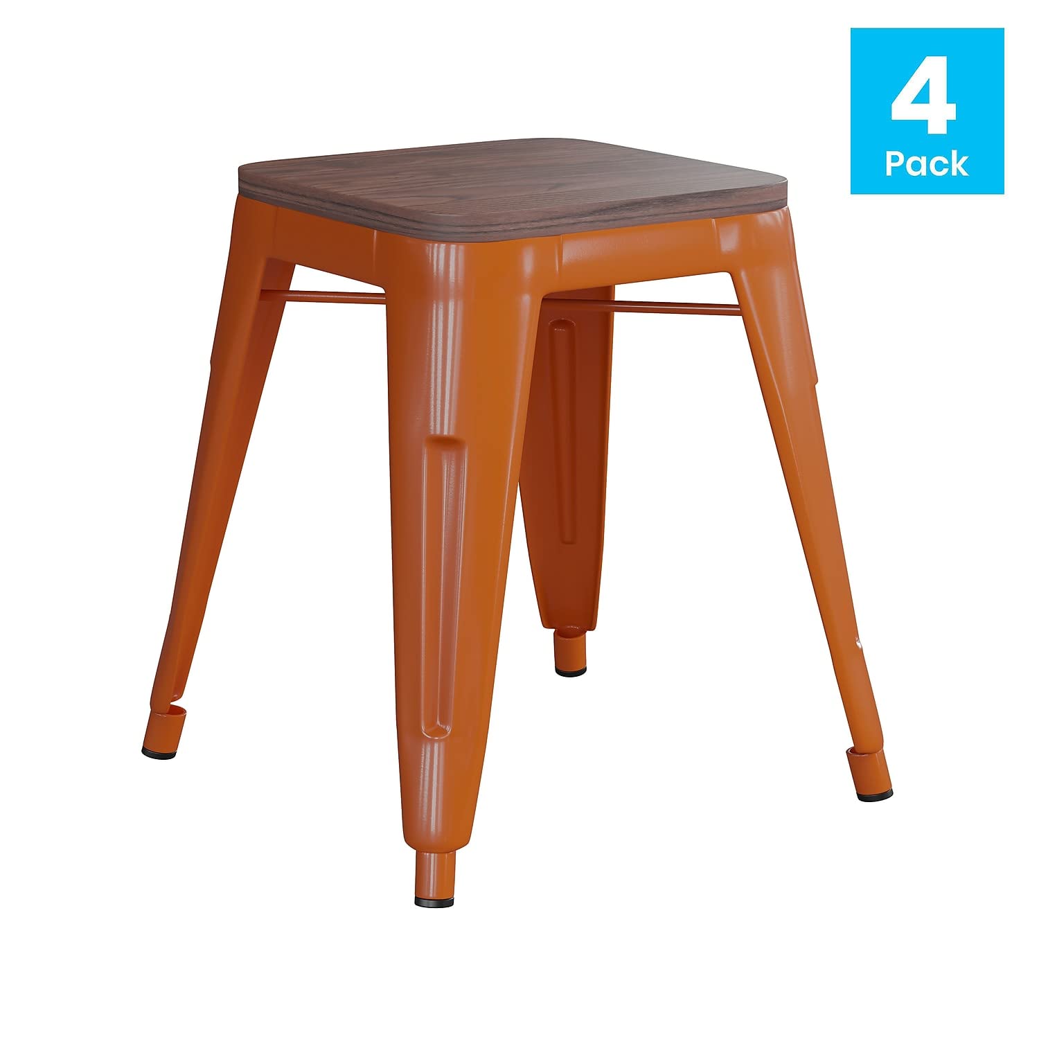 Flash Furniture Metal Dining Table Height Stool with Wooden Seat Set of 4 - Backless Orange Kai Commercial Grade Stool - Kai 18&quot; Stackable Dining Chairs