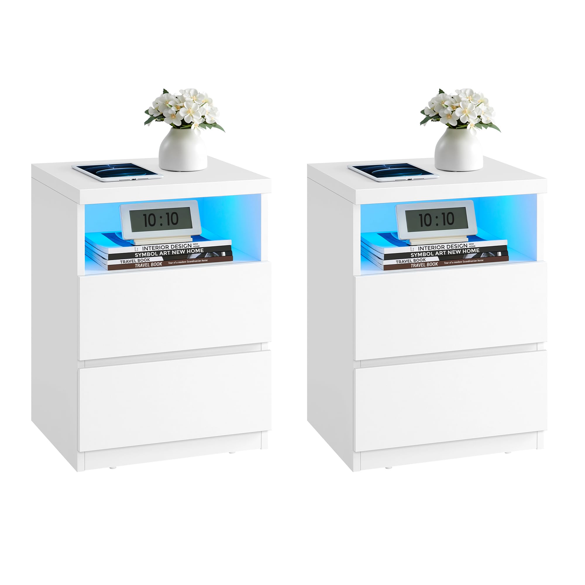 VASAGLE Set of 2 Nightstands with Adjustable LED Lights, Bedside Tables with Drawers, Side Tables, for Bedroom, Modern Minimalis
