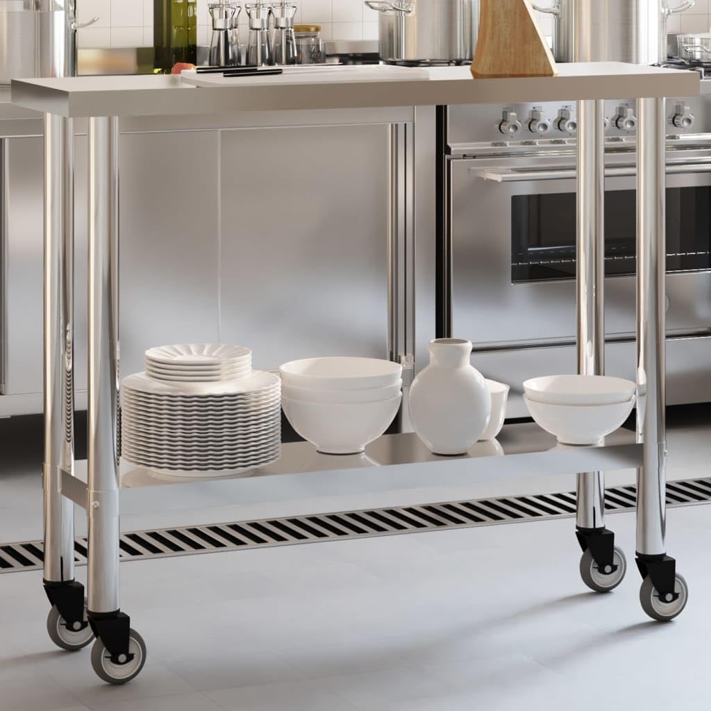 vidaXL Stainless Steel Kitchen Work Table on Wheels - 43.3&quot;x11.8&quot;x33.5&quot; - Silver Rolling Prep Station for Commercial Use