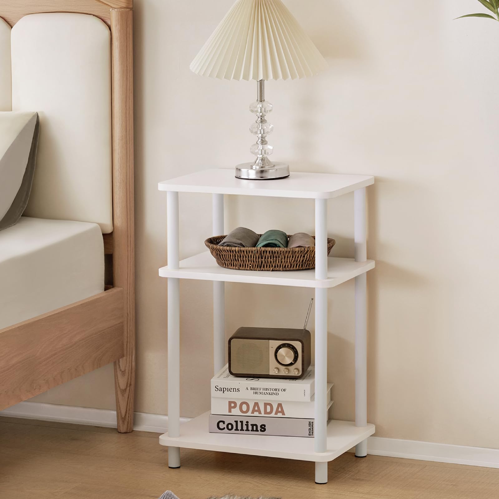 Apicizon 3 Tier End Table, Side Table With Storage Shelf, Small Wooden Table, Nightstand Bedside Table For Small Spaces, Bedroom, Living Room, Easy Assembly, White