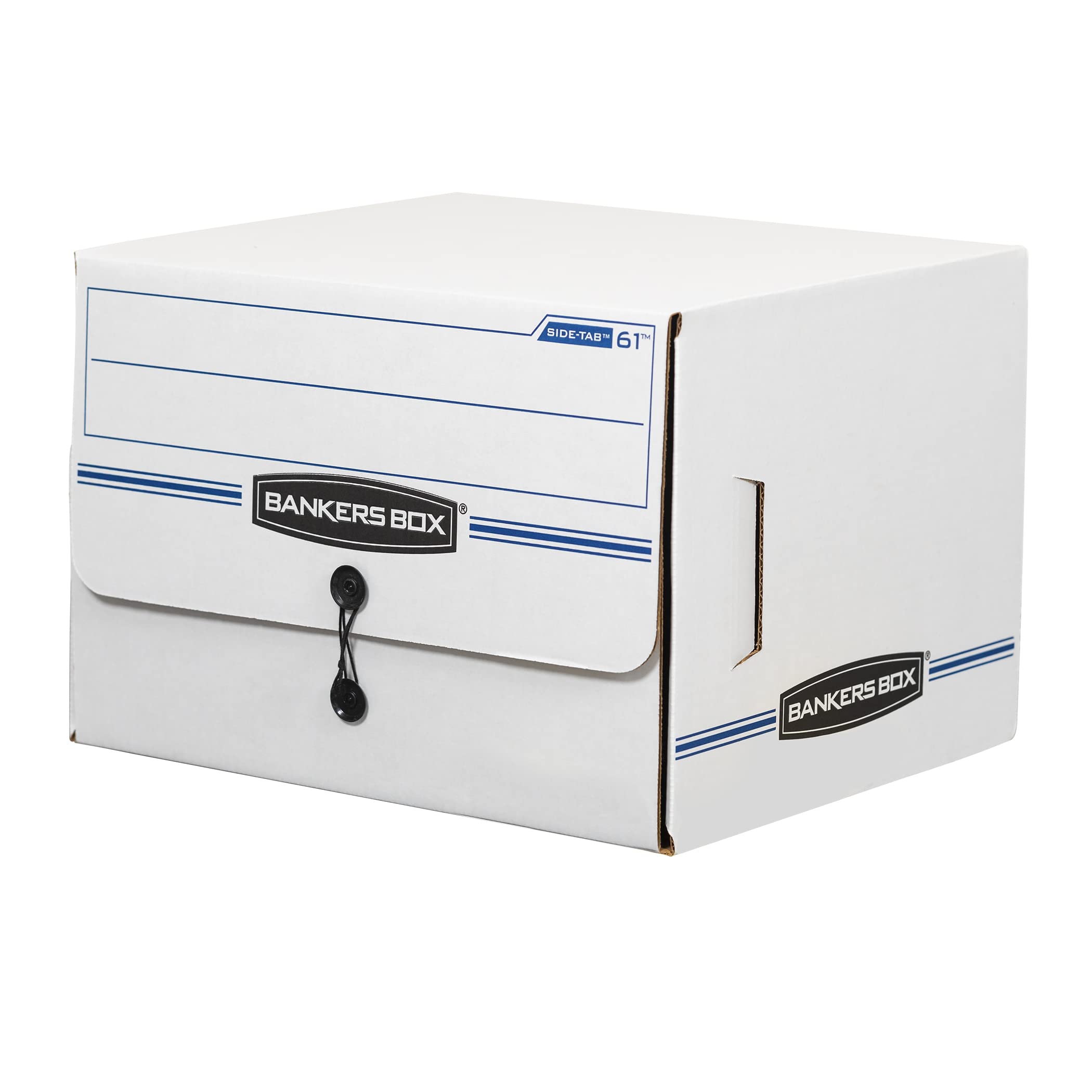 Bankers Box Ox 12 Pack Side-Tab Drop Front Basic-Duty File Storage Boxes, Standard Setup, String And Button, Letter, White/Blue