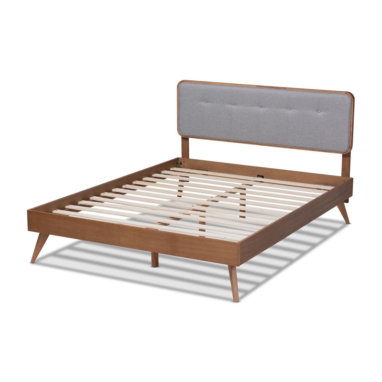 Baxton Studio Dilara Mid-Century Modern Light Grey Fabric Upholstered Walnut Brown Finished Wood King Size Platform Bed