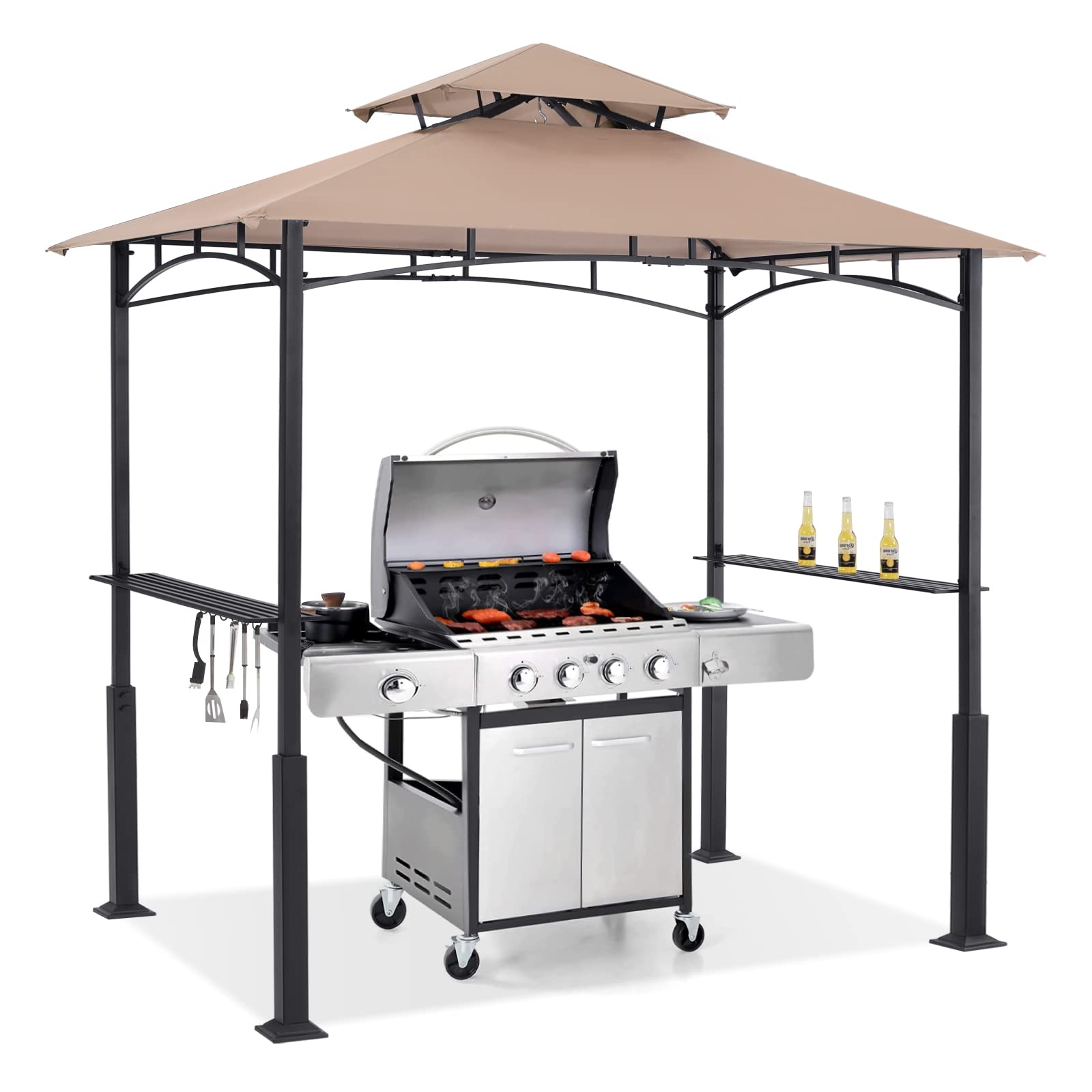 Abccanopy 8'X 5' Grill Gazebo Canopy - Outdoor Bbq Gazebo Shelter With Led Light, Patio Canopy Tent For Barbecue And Picnic (Kha