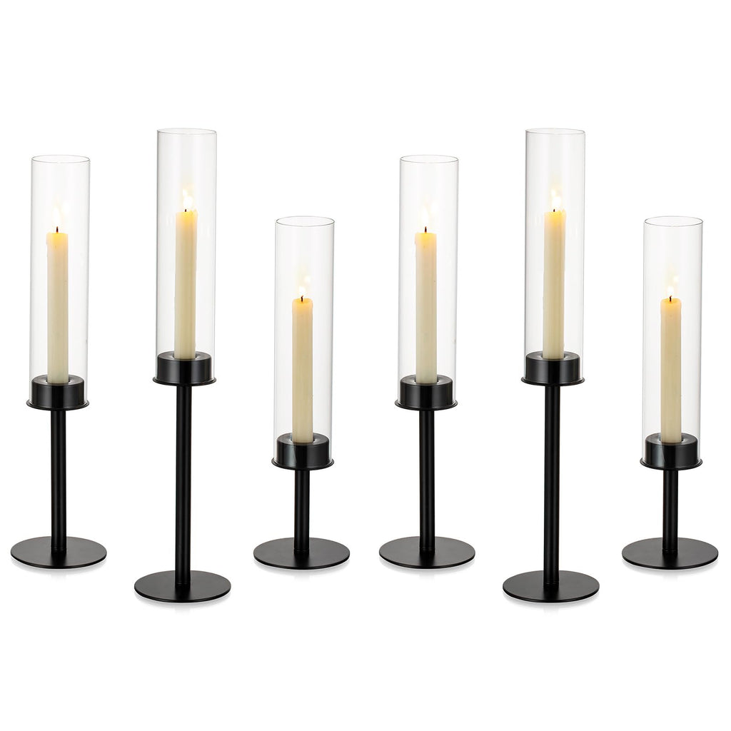 NUPTIO Hurricane Glass Candle Holders: 6 Pcs Black Metal Candlestick Tapered Holder with Clear Chimney Covers Bottomless Tall Mo