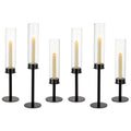 NUPTIO Hurricane Glass Candle Holders: 6 Pcs Black Metal Candlestick Tapered Holder with Clear Chimney Covers Bottomless Tall Mo