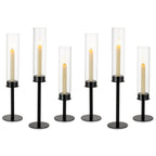 NUPTIO Hurricane Glass Candle Holders: 6 Pcs Black Metal Candlestick Tapered Holder with Clear Chimney Covers Bottomless Tall Mo