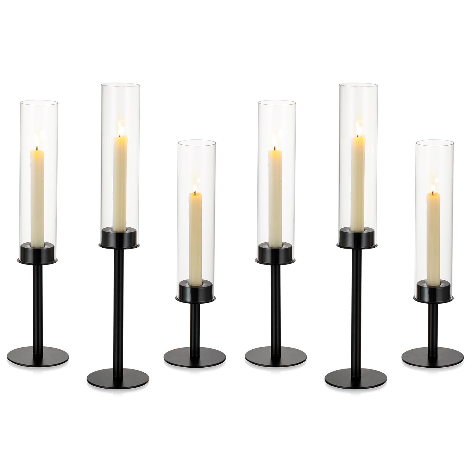 NUPTIO Hurricane Glass Candle Holders: 6 Pcs Black Metal Candlestick Tapered Holder with Clear Chimney Covers Bottomless Tall Mo