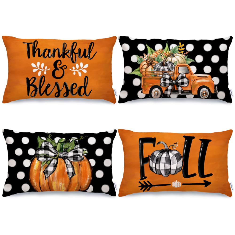 Geeory Fall Pillow Covers 12 X 20 Inch Set Of 4, Polka Dots Buffalo Bow-Knot Pumpkins Truck Thankful Thanksgiving Decor Decorati