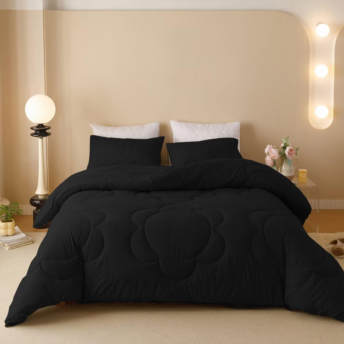 Luxlovery Black Sunflower Comforter Set King All Black Bedding Comforter Set Big Flower Printed Quilted Comforter Solid Plain Co