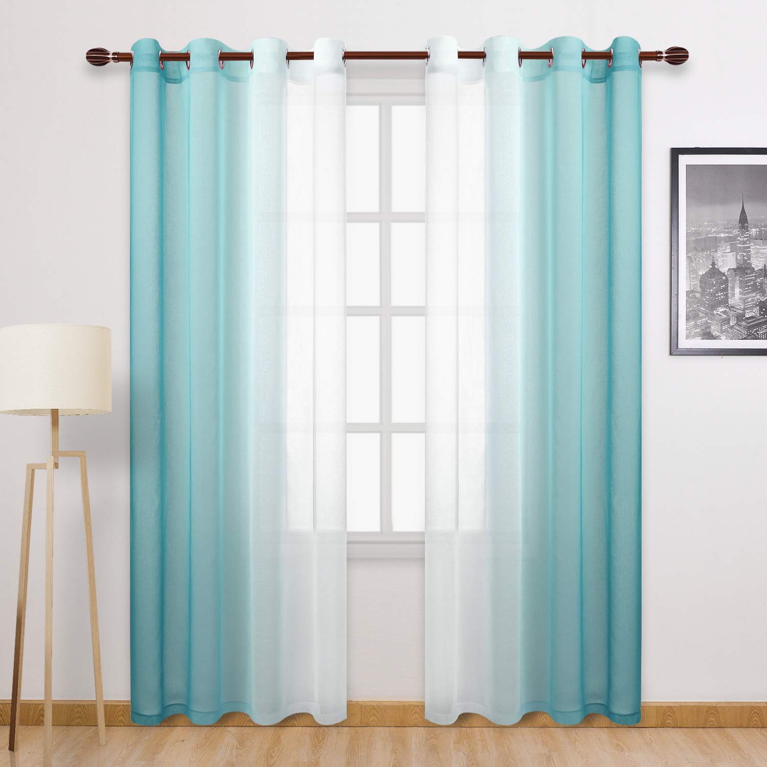 Dwcn Teal Ombre Sheer Curtains - Faux Linen Gradient Semi Voile Grommet Top Bedroom And Living Room Curtains, Set Of 2 Window Cu