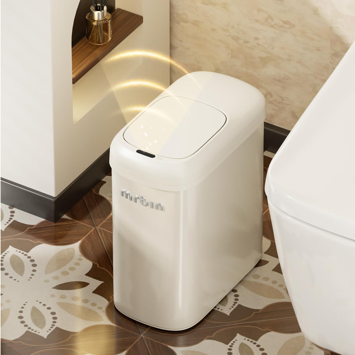 MRBIN Motion Sensor Adsorption Bag Bathroom Trash Can with Lid and Wheels, 10L/2.6gal Automatic Waste Basket Slim Electric Metal