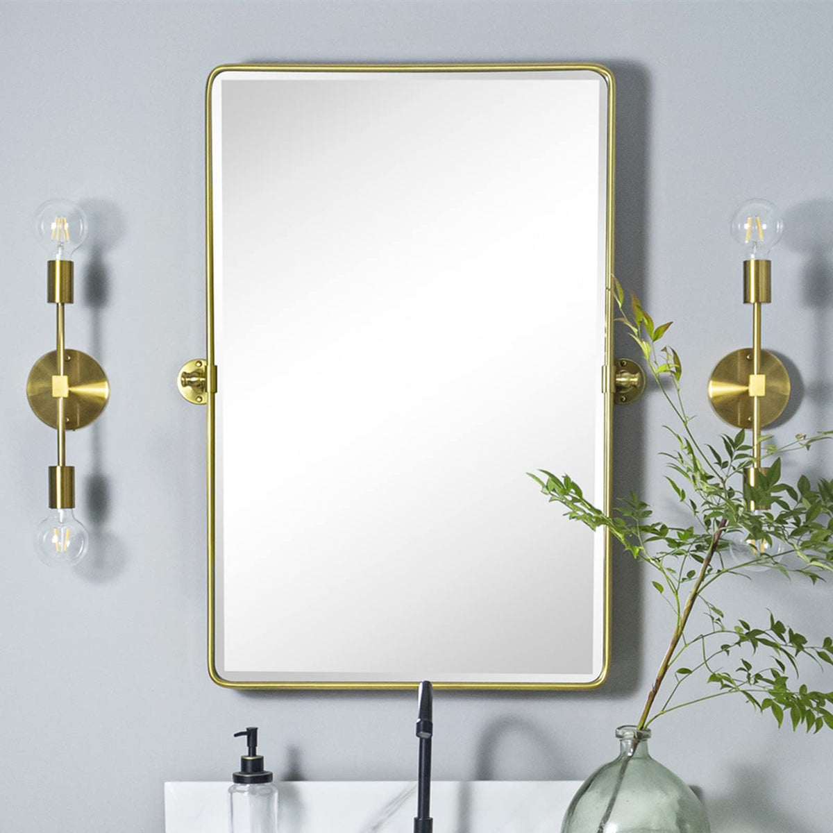 TEHOME 20x30'' Pivot Rectangle Bathroom Vanity Mirror Brushed Gold Rounded Corner Metal Framed Tilting Beveled Vanity Wall Mirro