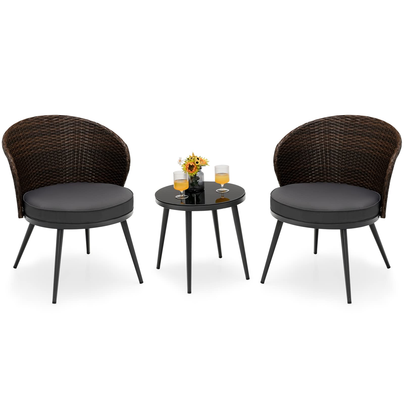 Tangkula 3 Piece Patio Rattan Bistro Set, Outdoor Wicker Conversation Set W/ 2 Seat Cushions, Tempered Glass Tabletop, Adjustabl