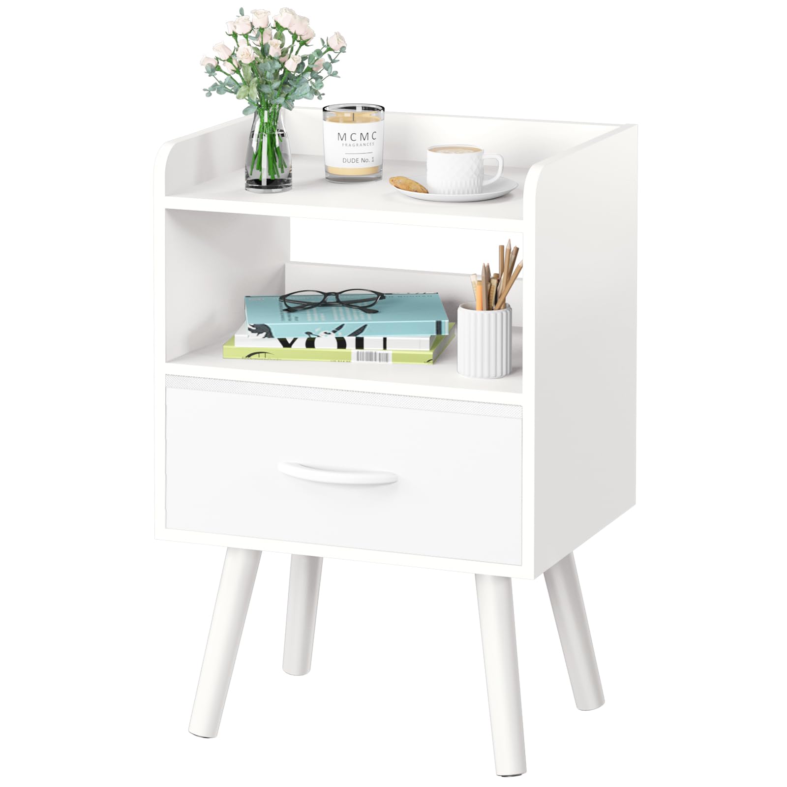 Yoobure Modern Nightstand With Drawer, Bedside Tables, Mid Century Nightstands With Open Storage Shelf, Wood Bedside Table, Small Night Stands For Bedrooms, 2-Tier Night Table