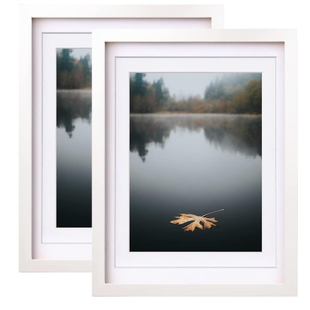 Egofine 12x16 Picture Frames White Set of 2 - Solid Wood Frames With Plexiglass Front, Display 9x12 or 11x14 Mat for Table Top a