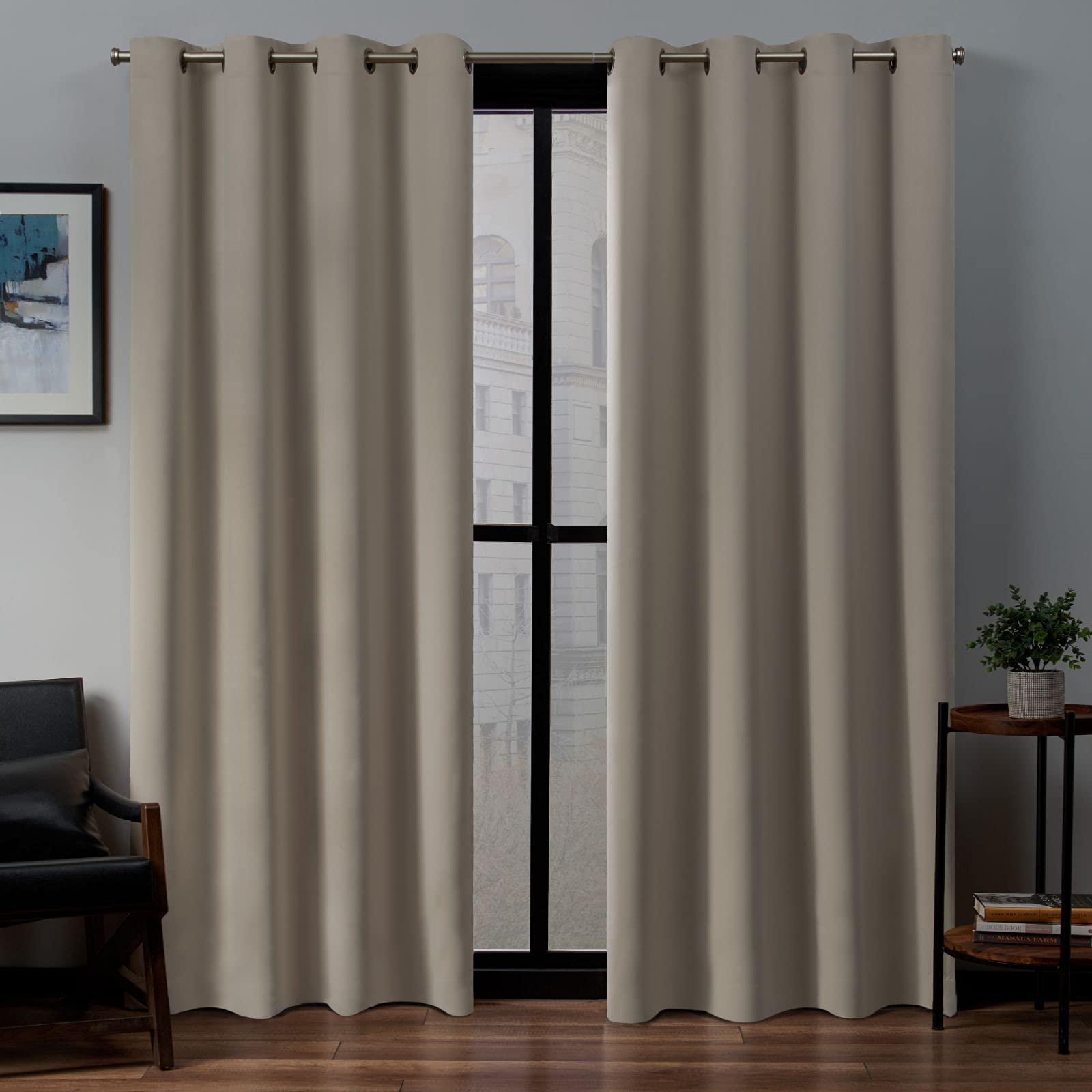 Exclusive Home Sateen Twill Woven Room Darkening Blackout Grommet Top Curtain Panel Pair, 52''x108'', Stone