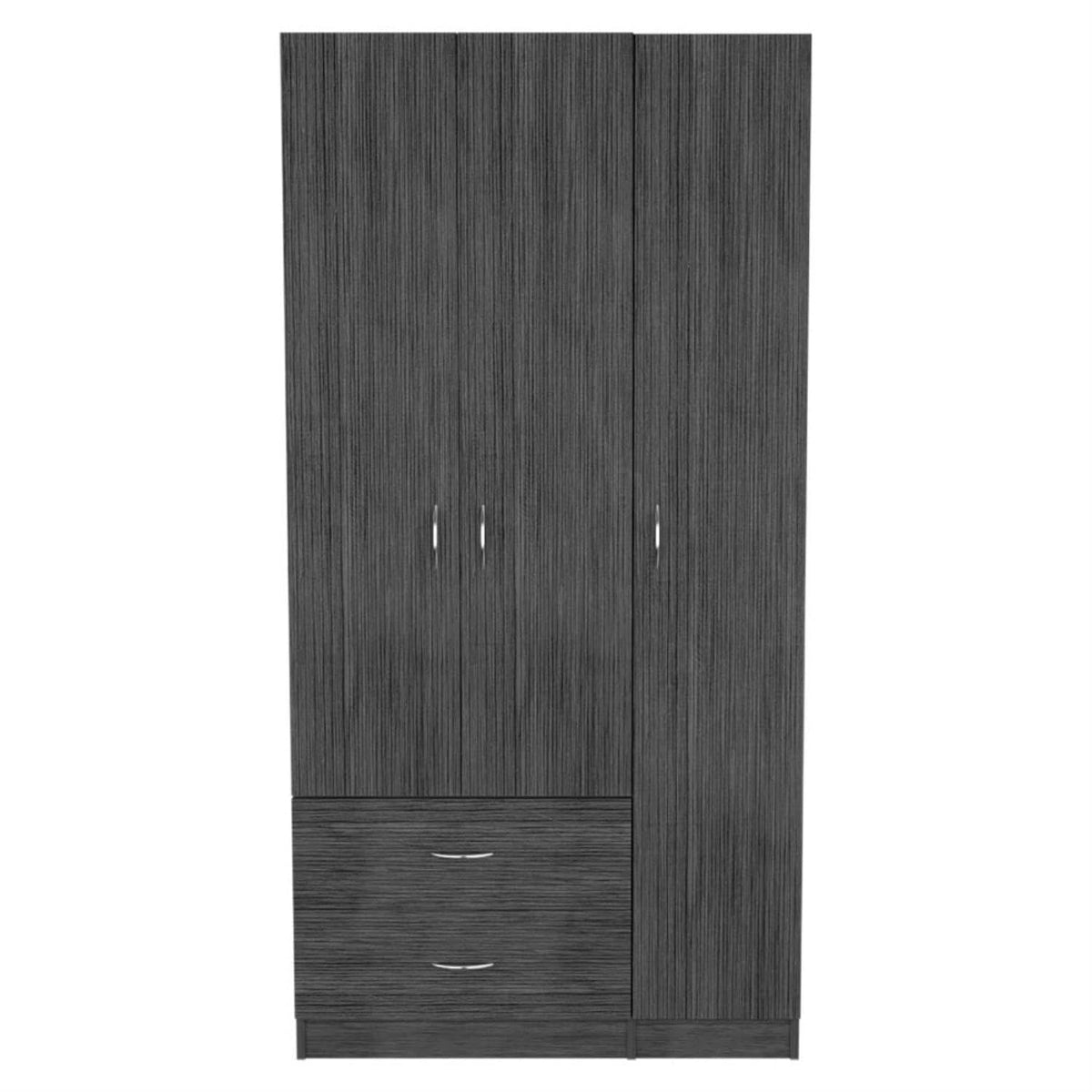 Bosko 3 Doors Armoire, 2 Drawers, Metal Rod, Four Shelvez, Smokey Oak/White