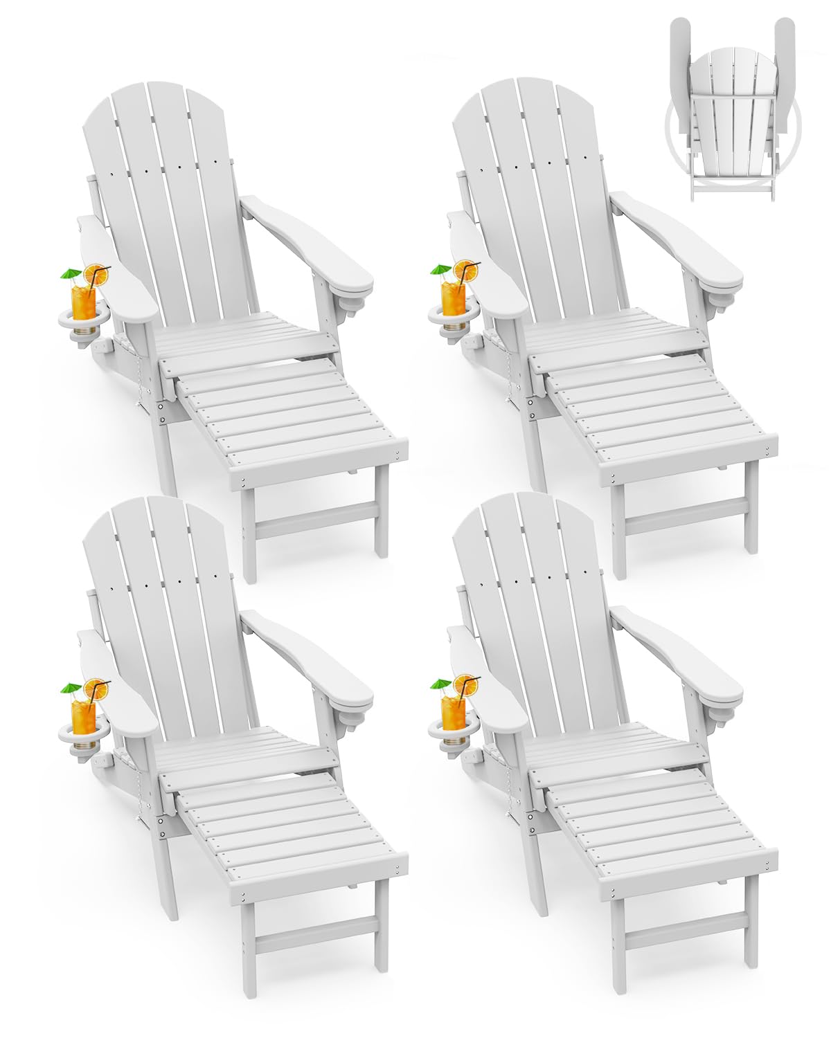 Greenvines Adirondack-Chairs-With-Ottoman | Set Of 4 | Folding | Retractable-Footrest | Hdpe Plastic | All Weather Fire Pit Chair | Cup Holders | White | For Outdoor Poolside