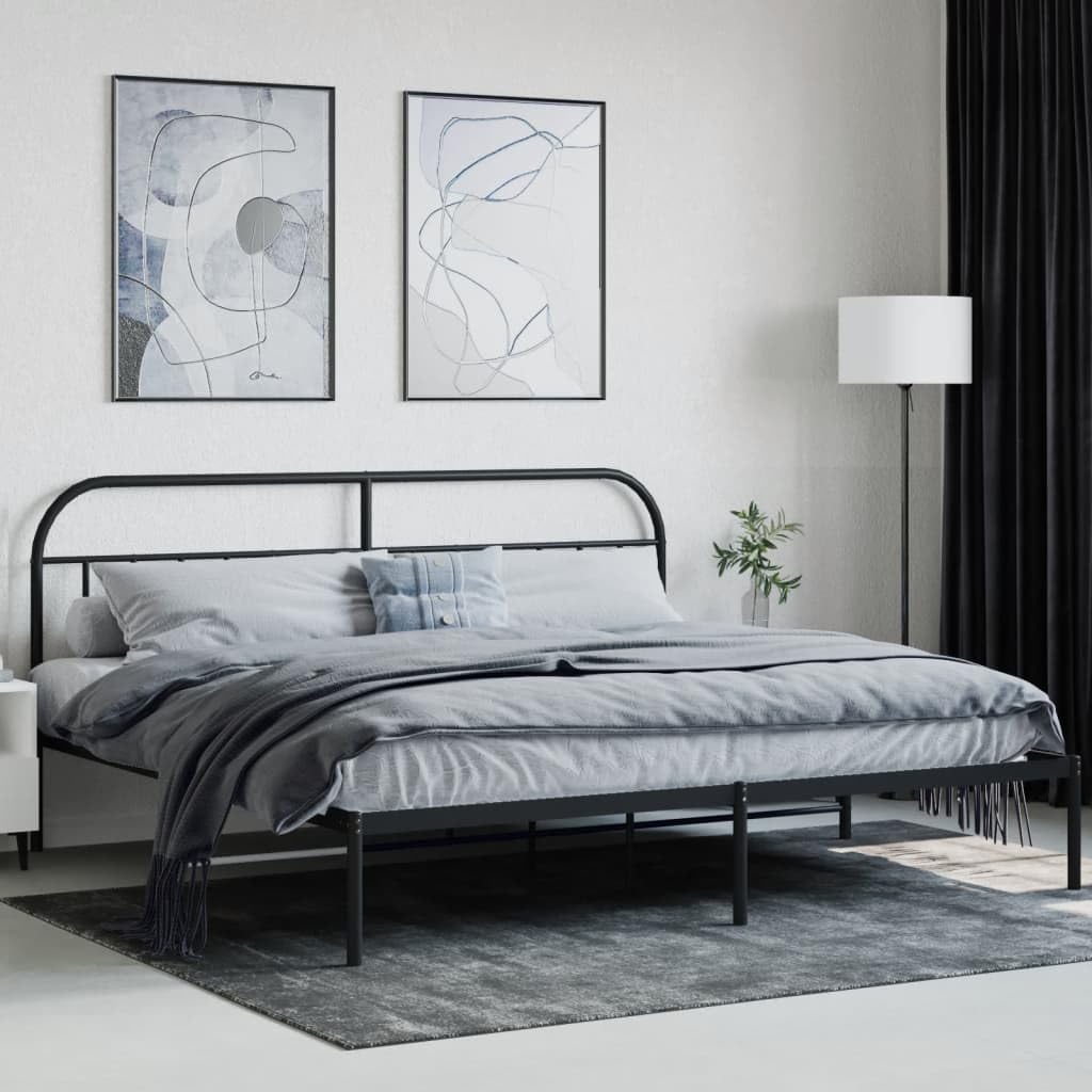 vidaXL Powder-Coated Steel Metal Bed Frame with Headboard and Extra Storage Space, Suitable for 76"x79.9" Mattress, Solid Support, Black