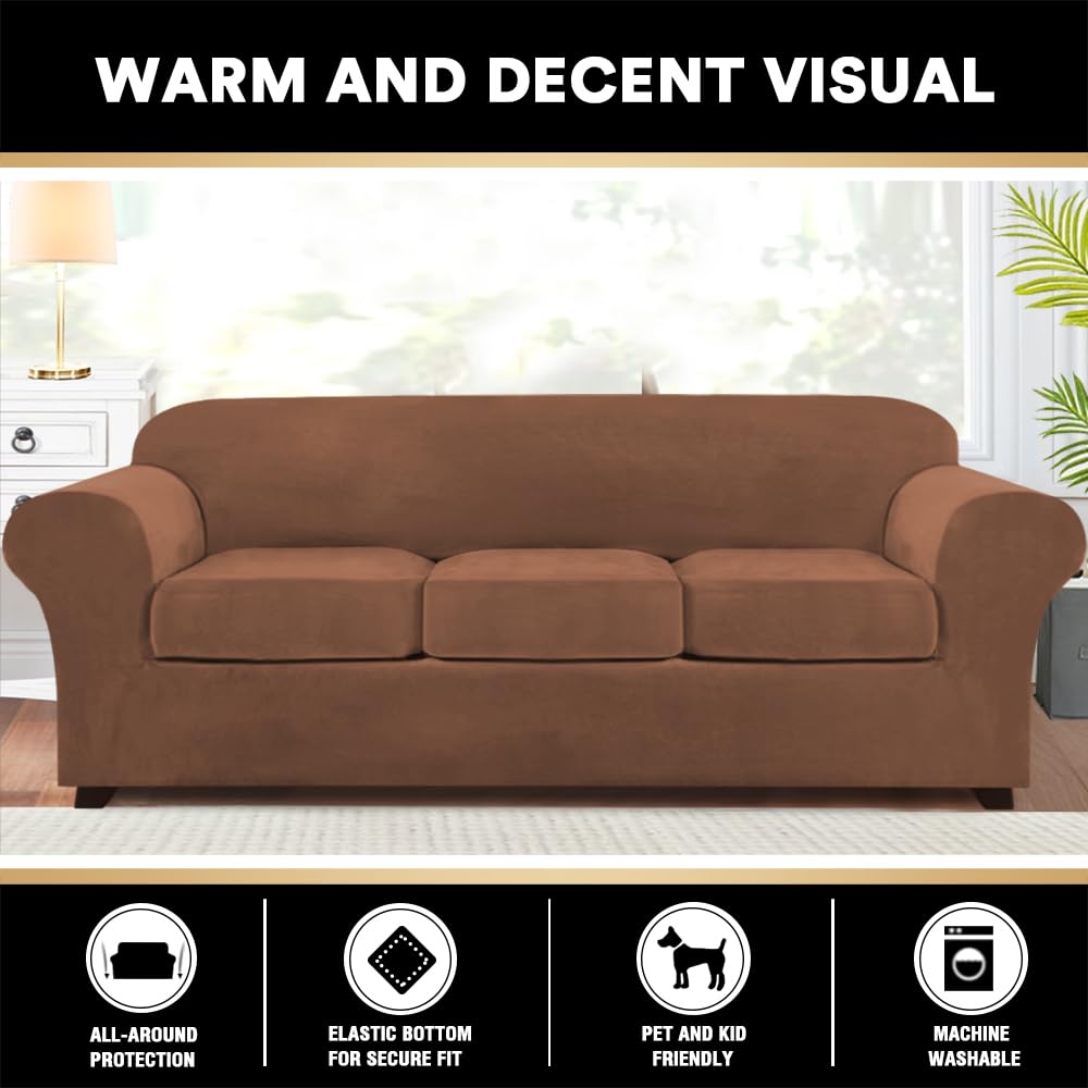 Princedeco 4 Pieces Couch Covers Extra Large Couch Covers For 3 Cushion Sofa Width Up To 105 Inch Thick Soft Furniture Slipcovers With 3 Individual Large Cushion Covers(X-Large, Caramel)