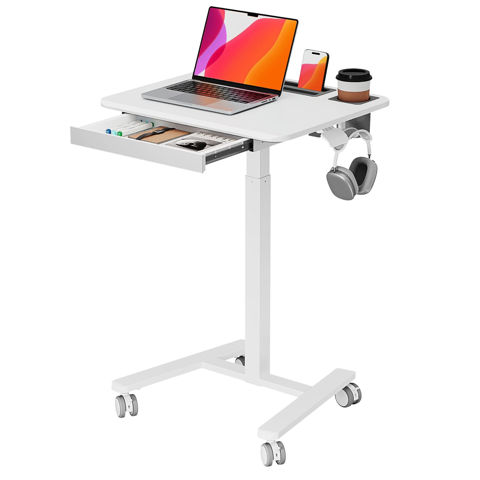 Jylh Joyseeker Mobile Small Stading Desk With Drawer, 23.6'X19.7' Rolling Laptop Cart On Wheels, Height Adjustable Sit Stand C