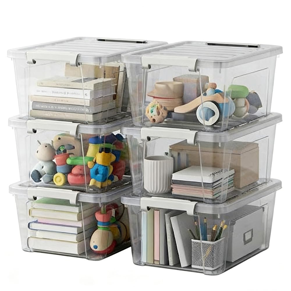 WYT 6Pack Clear Plastic Storage Bins with Lids, 8 Quart Organizer Container Box with Latch Buckles