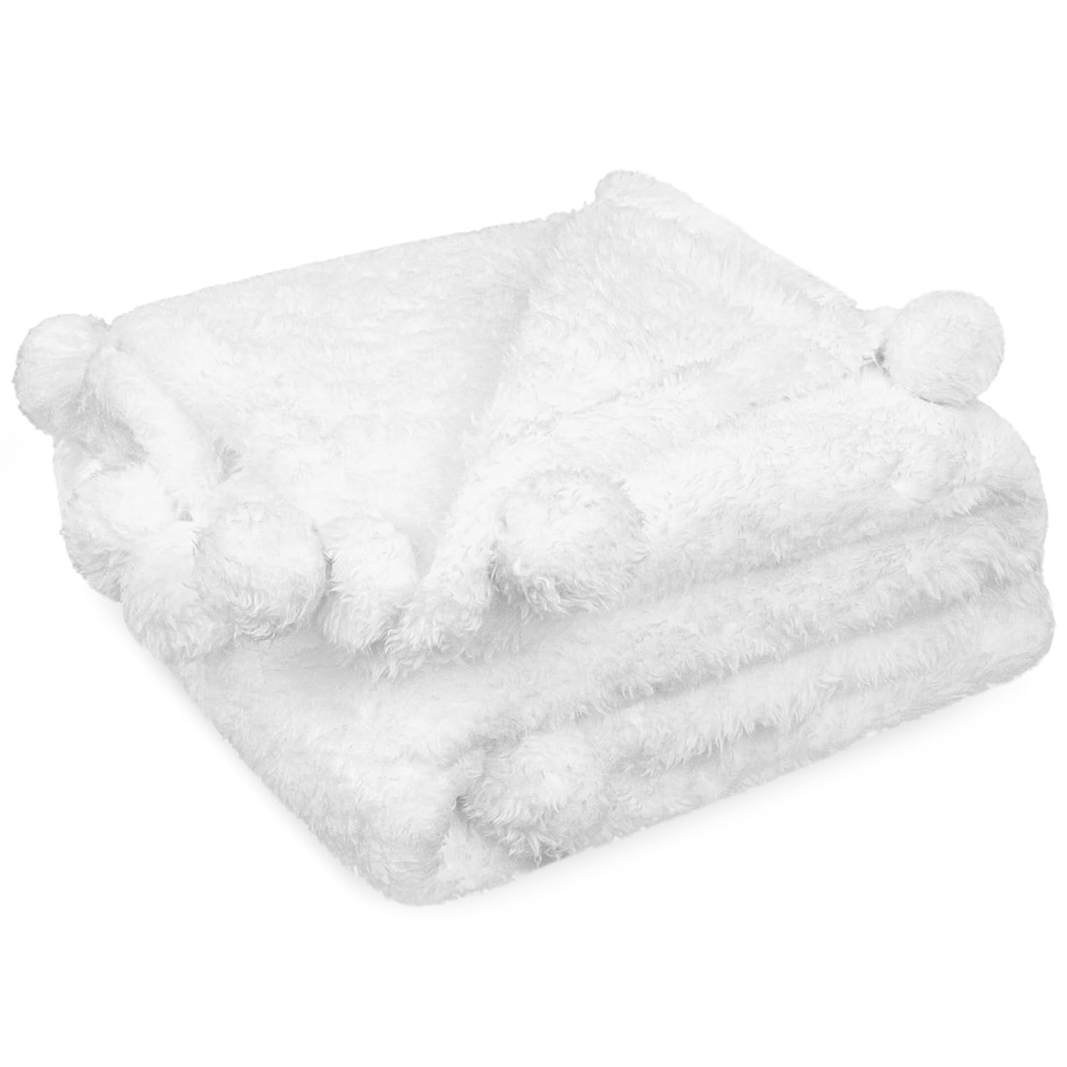 Pavilia White Sherpa Throw Blanket For Couch, Warm Plush Pom Pom Blanket Throw Twin, White Fuzzy Sofa Blanket Throw For Bed, Lig