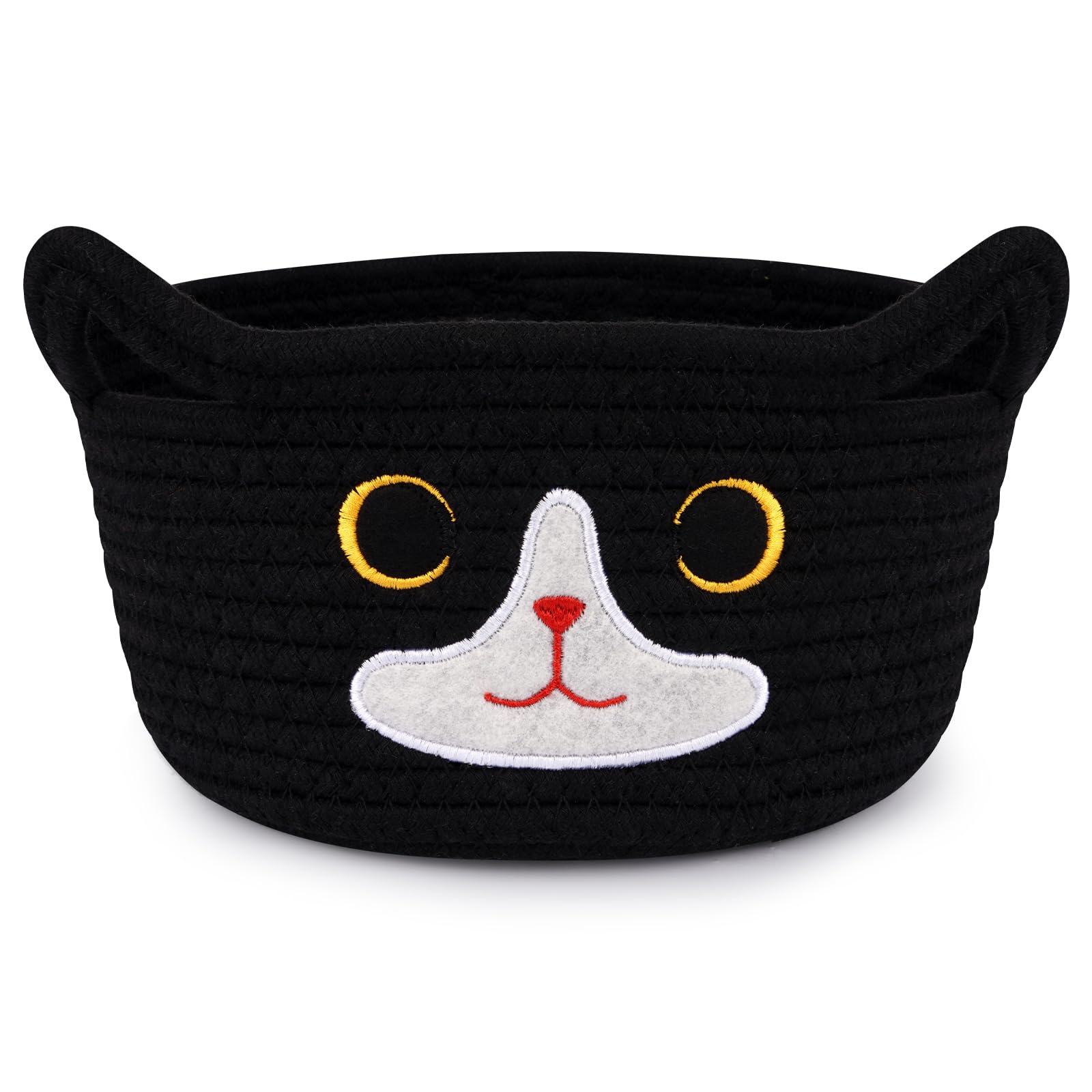 Hkojewp Cat Basket for Nursery, Small Storage Basket, Black Woven Rope Cotton Storage, Baby Blanket Bin with Cat Ears Handles, A