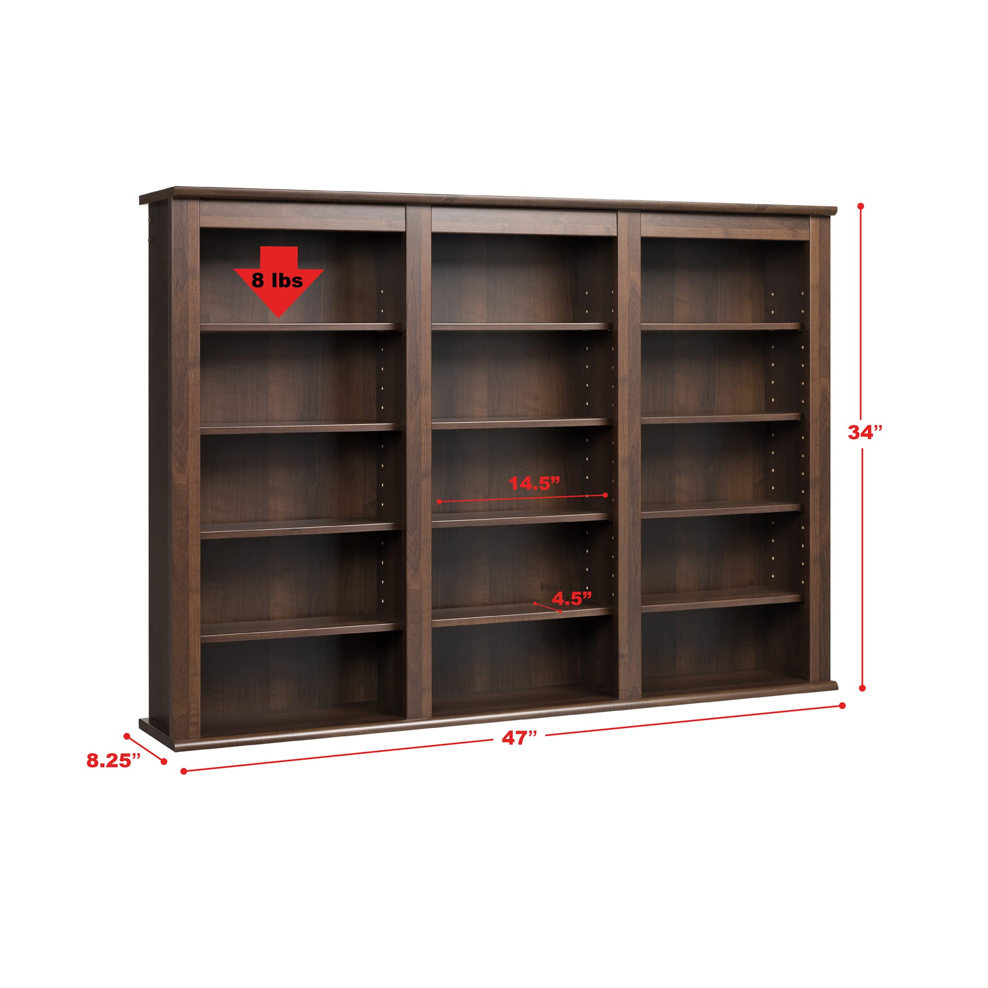 Prepac 3 Column Display Cabinet, Espresso Storage Cabinet, Wall Cabinet, Dvd Storage Cabinet With 12 Adjustable Shelves 8.25' D X 47' W X 34' H