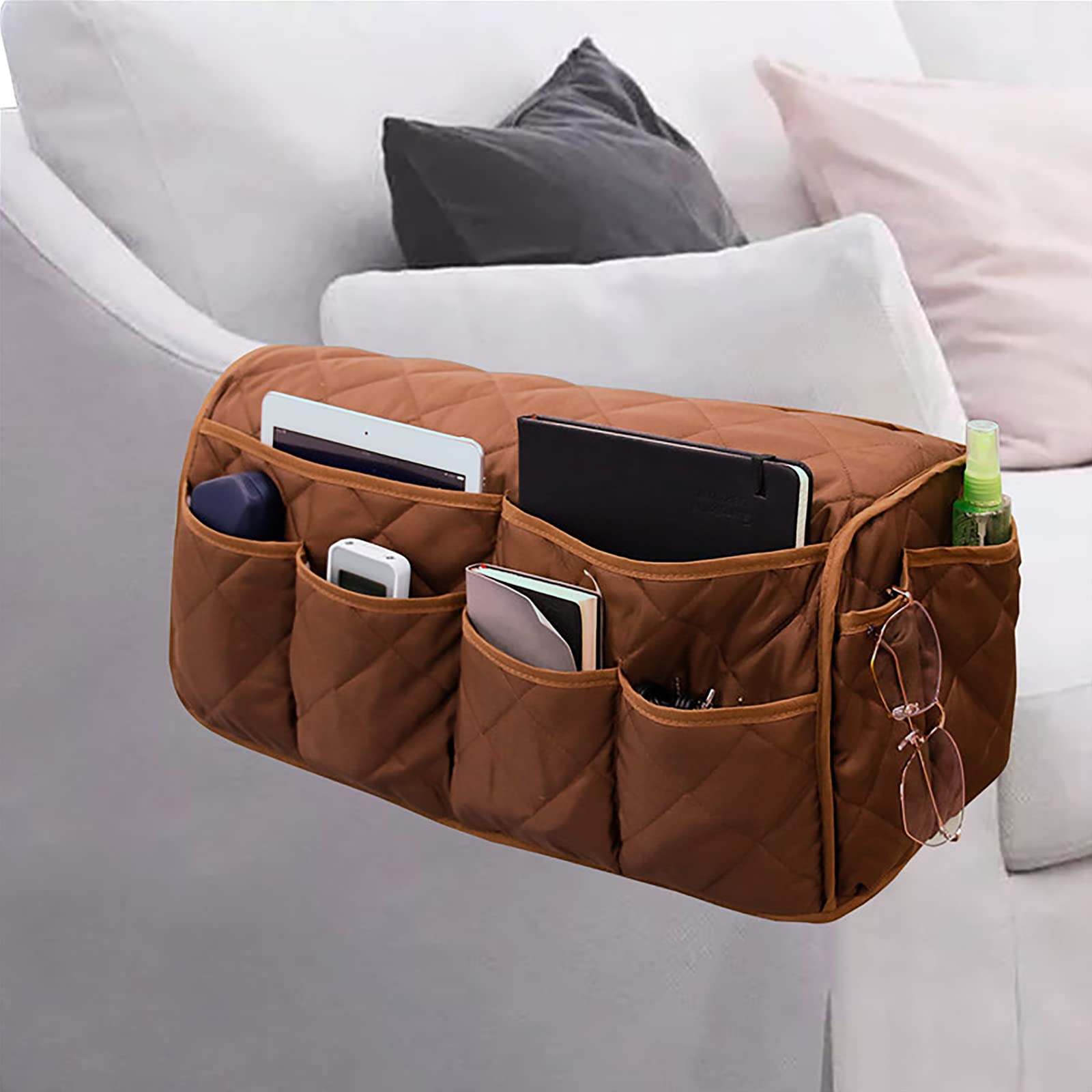 2 in 1 Waterproof Armrest Covers Sofa Arm Organizer with 14 Pockets for Tablet Magazines TV Remote Holder, Anti-Slip Recliner Co