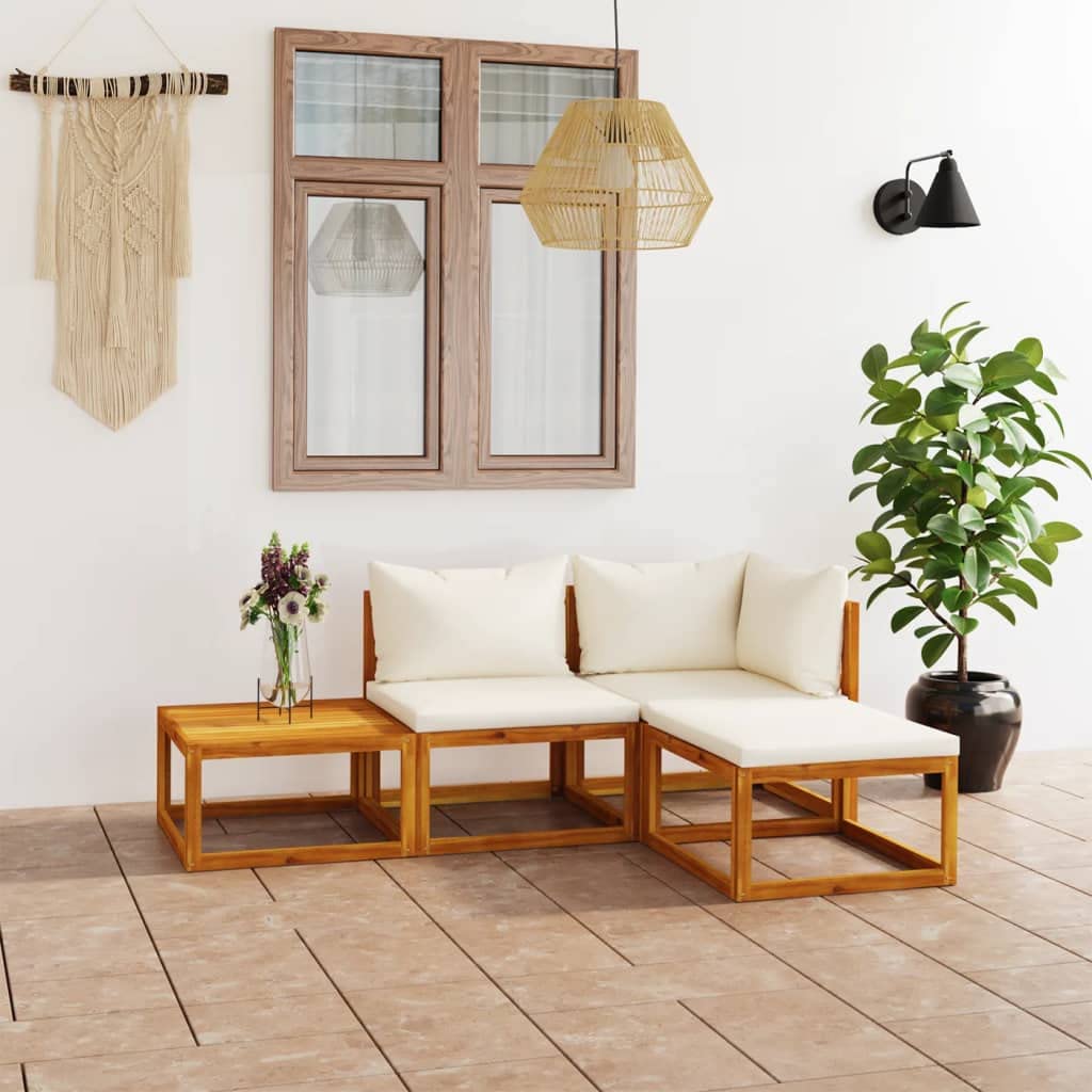vidaXL Patio Lounge Set, 4-Piece with Cream Cushions - Solid Acacia Wood - Weather Resistant - with Coffee Table - Modifiable Layout