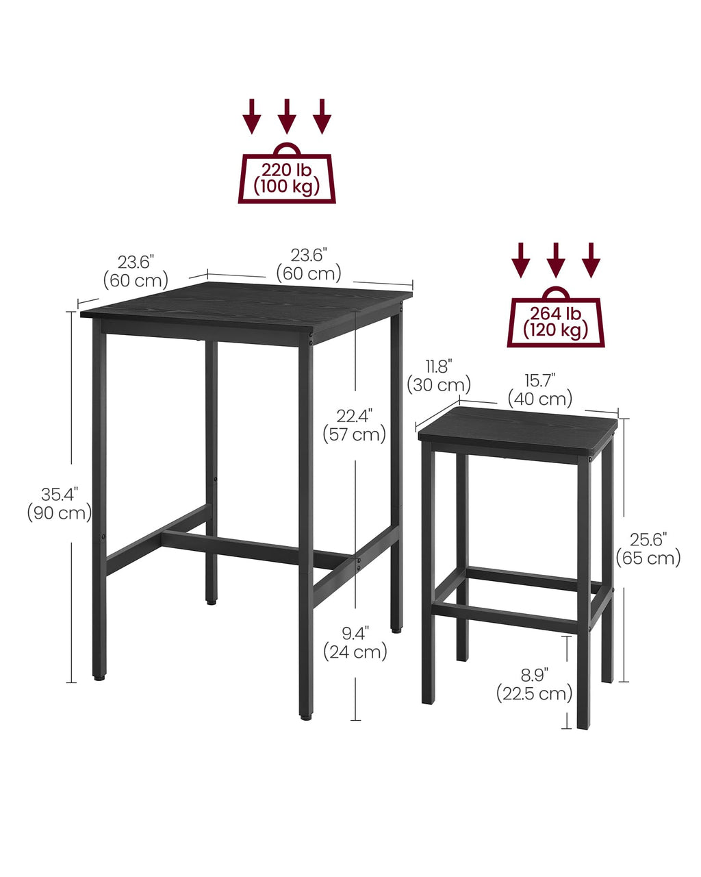 Vasagle Bar Table And Chairs Set, Square Bar Table With 2 Bar Stools, Dining Pub Bar Table Set For 2, Space Saving For Kitchen Breakfast, Living Room, Party Room, Ebony Black And Ink Black