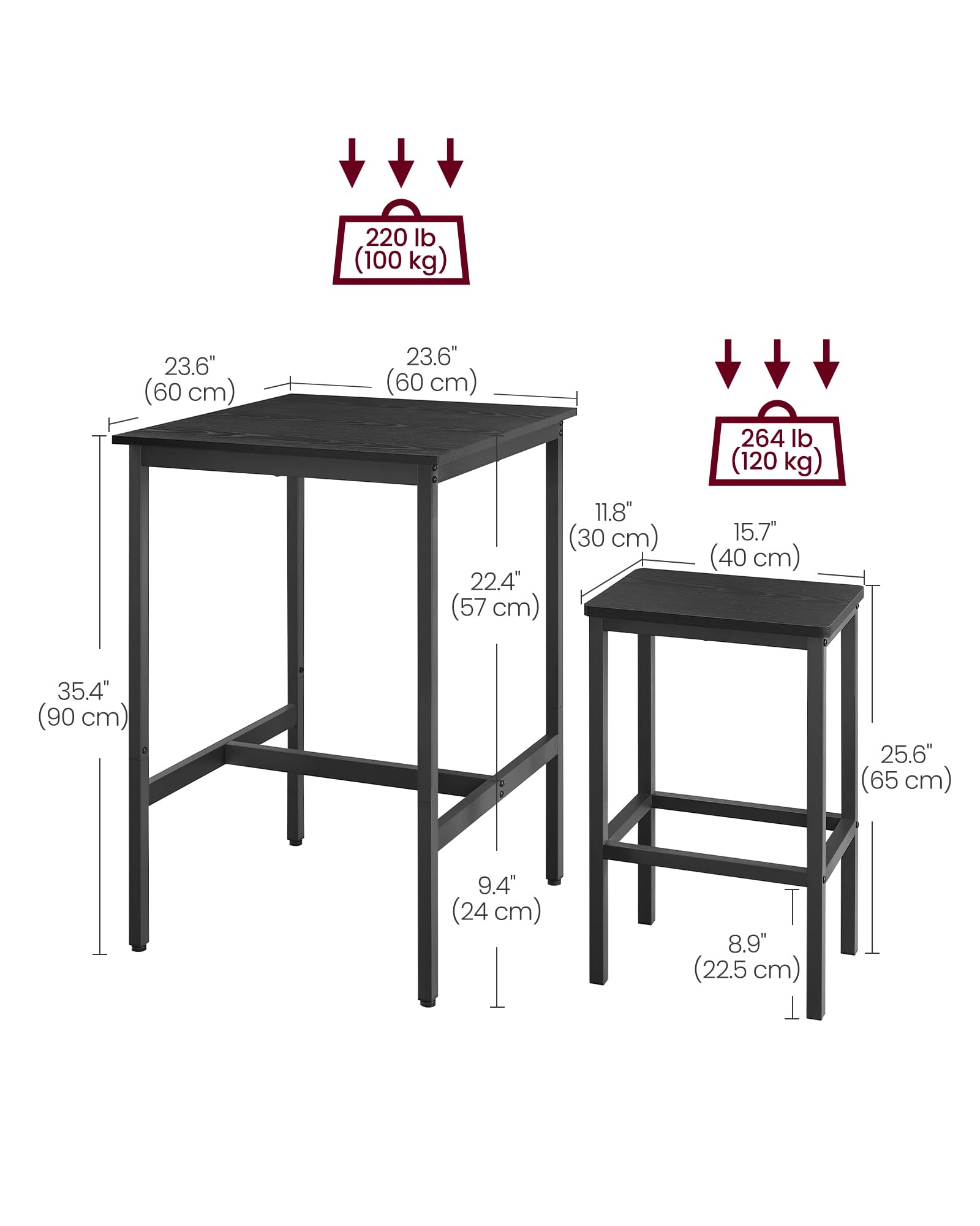 Vasagle Bar Table And Chairs Set, Square Bar Table With 2 Bar Stools, Dining Pub Bar Table Set For 2, Space Saving For Kitchen Breakfast, Living Room, Party Room, Ebony Black And Ink Black